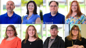 Graphic slide listing the names of Summit DD's 20-year service award recipients.
