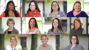 Graphic slide listing the names of Summit DD's 25-year service award recipients.