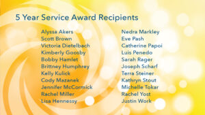 Graphic slide listing the names of Summit DD's 5-year service award recipients.