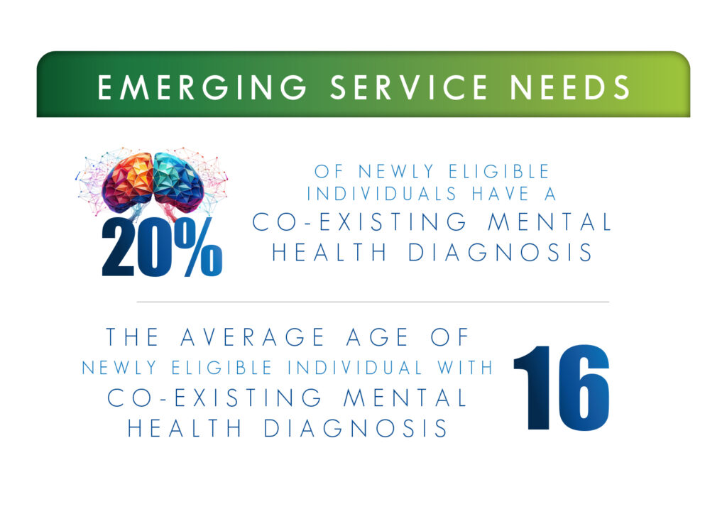 Graphic of Emerging Trends. Text reads: 20% of newly eligible have a co-existing mental health diagnosis. Bottom of graphic reads:  The average age of newly eligible individuals with a mental health diagnosis is 16 