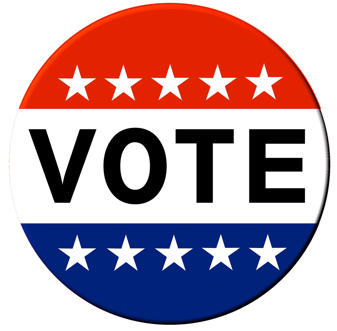 Red, white and blue circle that reads the word VOTE