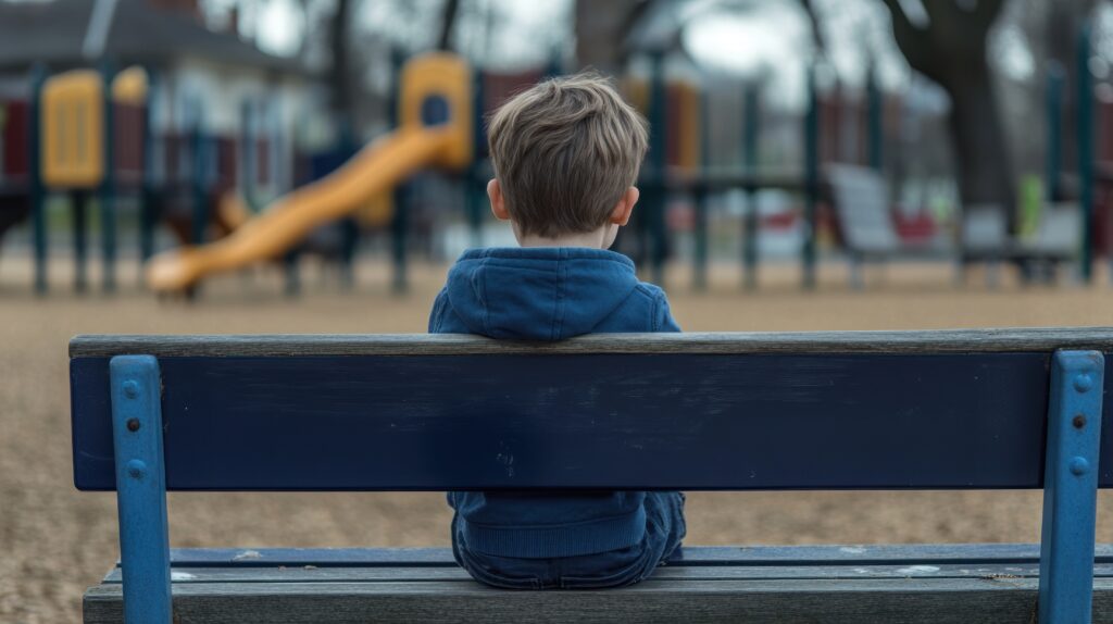 View of a child sitting alone on a playground bench from behind