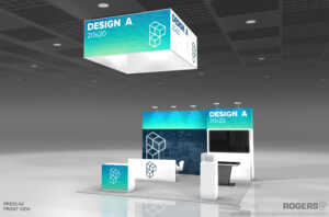 This is a front view of our RRE20-A2 20x20 island booth which is a part of Rogers Rental Exhibit Program.