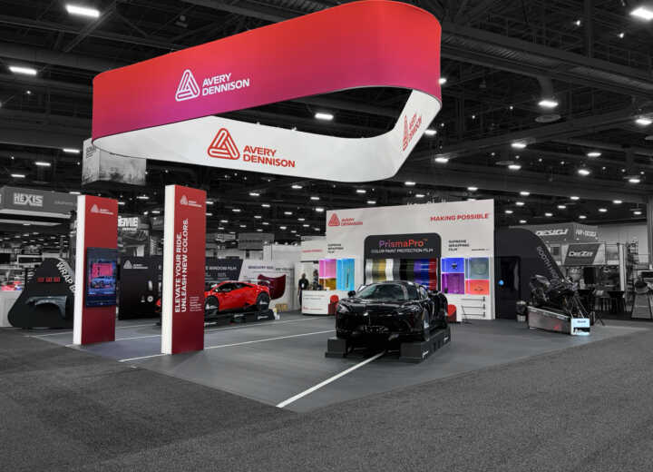 Island booth custom exhibit for Avery Dennison at SEMA 2025