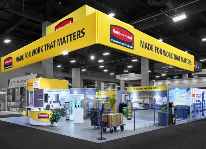 Island booth custom trade show exhibit for Rubbermaid at ISSA 2025