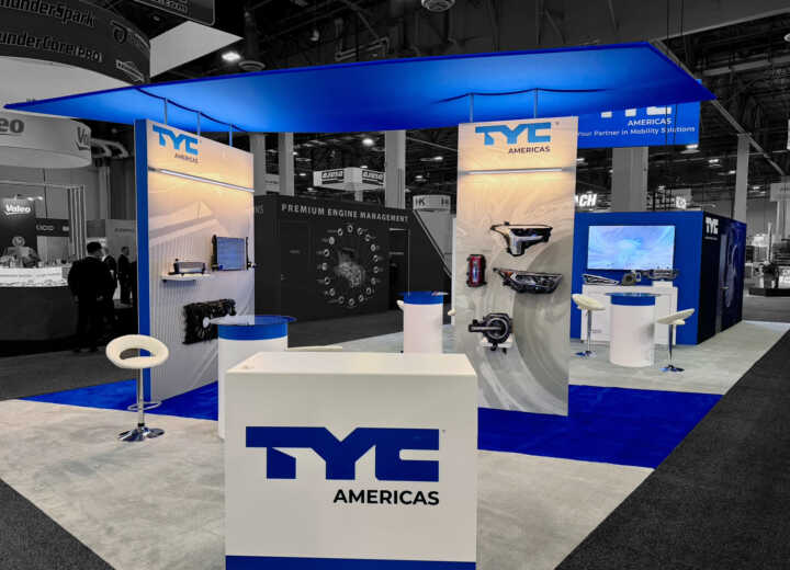 Custom island trade show booth exhibit for TYC at AAPEX 2025