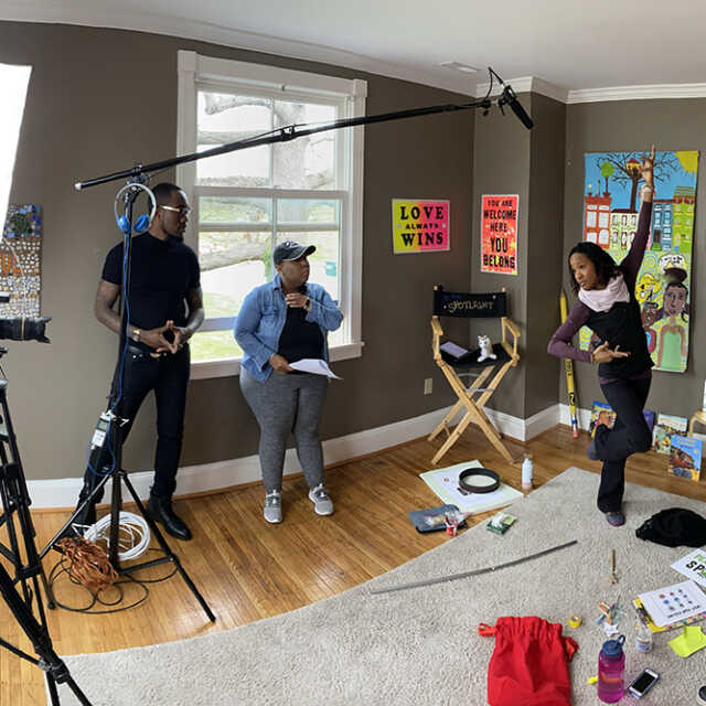 Artists and crew behind the scenes filming the new kids educational TV show Arts & Learning Kids