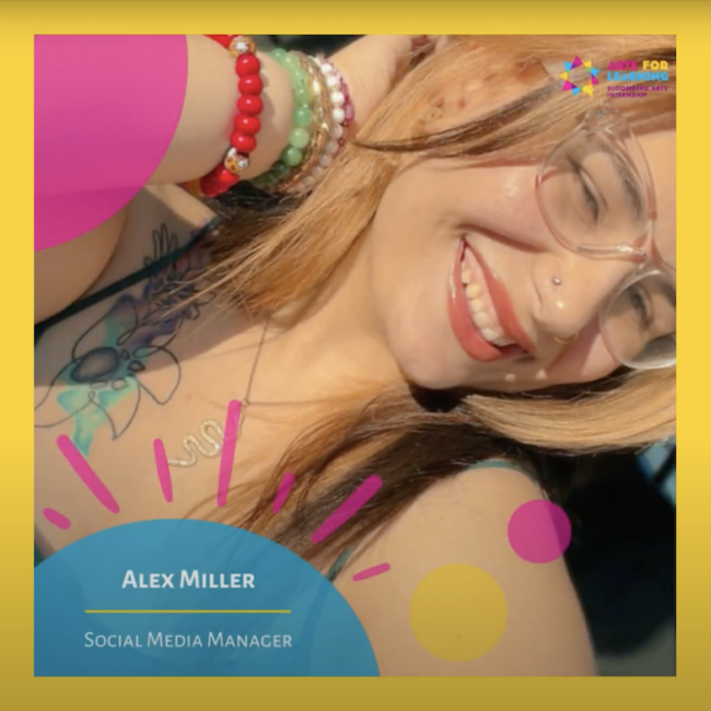A selfie of Alexandra Miller, 2023 Bloomberg Arts Internship Social Media Manager. She has a bright smile and is wearing glasses and has an arm full of multi-colored beaded bracelets.