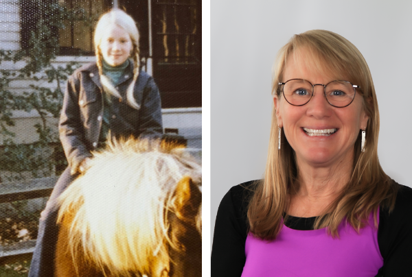 Image of Katherine Dilworth as a child riding a horse, and her portrait as an adult