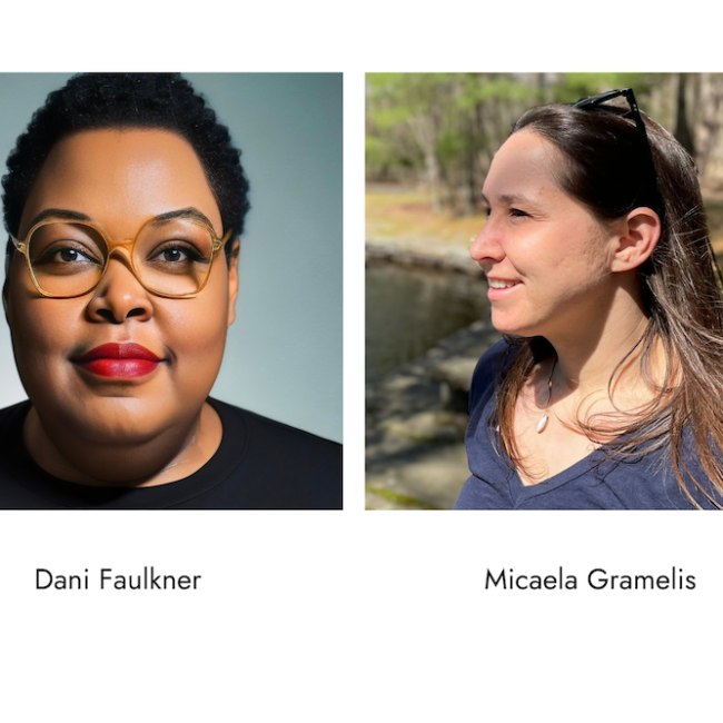 On the left is a headshot of Dani Faulkner. She is wearing glasses and has a relaxed smile. On the right is a side profile photo of Micaela Gramelis shot in a wooded area. Dappled sunlight hits her face.