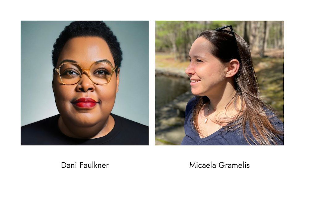 On the left is a headshot of Dani Faulkner. She is wearing glasses and has a relaxed smile. On the right is a side profile photo of Micaela Gramelis shot in a wooded area. Dappled sunlight hits her face.