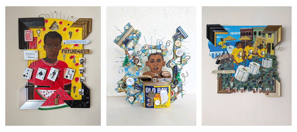 Three mixed-media pieces by artist Schroeder Cherry: the first features a painting of young boy in red with slices of watermelon. Playing cards, keys and wire surround the boy with the words, "future voter." In the second, a young man sprouts from a can of Old Bay seasoning along with buttons, razor blades, shells, potter shards, and a key, with wire radiating from the entire piece. The third shows four drummers outside of rowhouses by the sea. A key rests at the top of each drum.