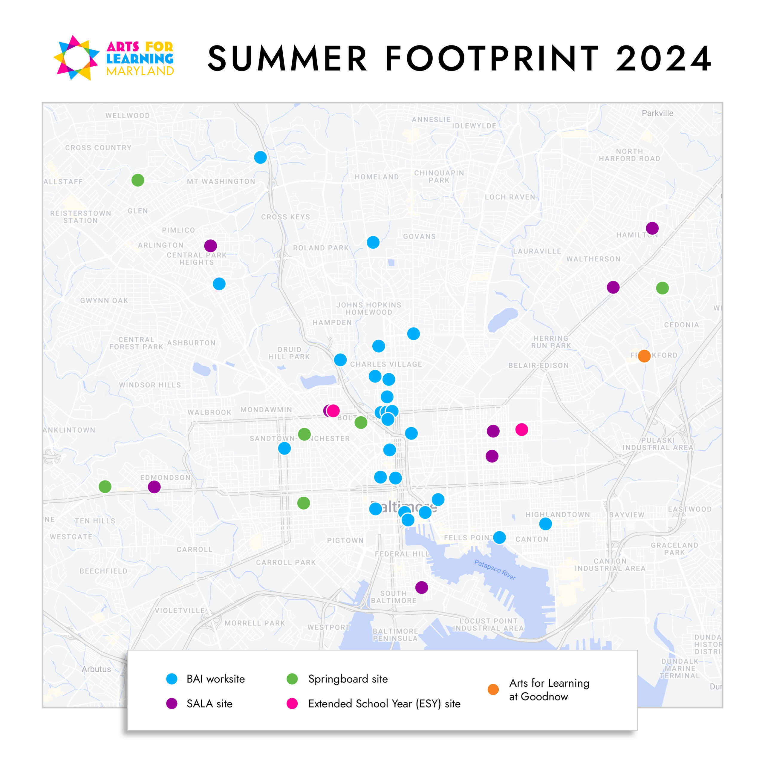 Map of Baltimore City marking locations of Arts for Learning Maryland's summer programs.