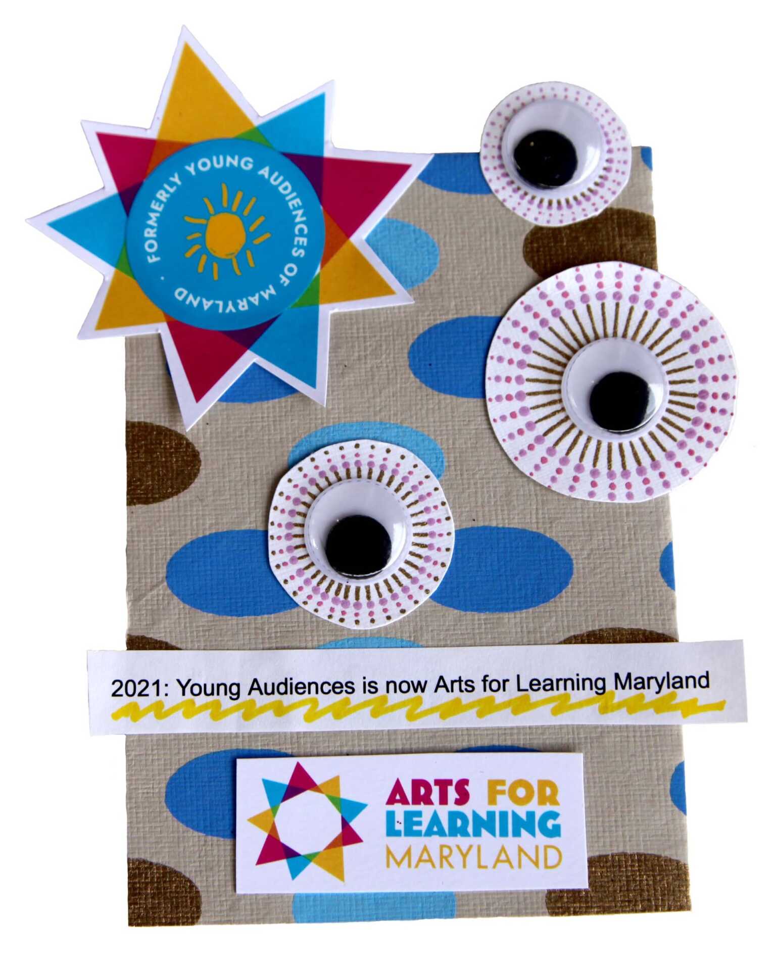 Polka-dotted paper and star bursts with googly eyes are the backdrop for Arts for Learning's new logo–a kaleidoscope of cyan, yellow and magenta. 