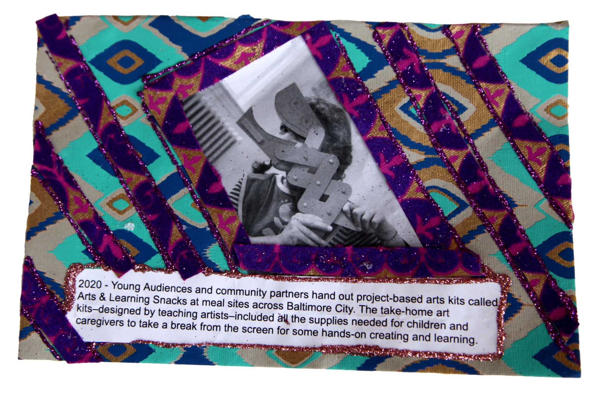 A child peeks through the jaws of a cardboard monster in the center of this collage. Stripes of rich purples cross jewel-toned patterns and glitter. 