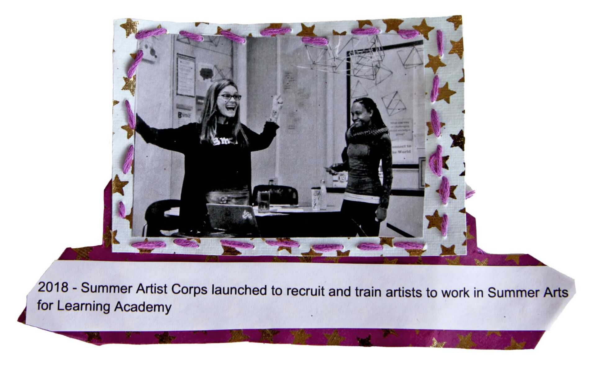 Puurple stars surround Kristina Berdan and teaching artist Valerie Branch. Kristina's arms are spread wide and Valerie stands at a white board. The text in the collage reads, "2018 - Summer Artist Corps launched to recruit and train artists to work in Summer Arts for Learning Academy."
