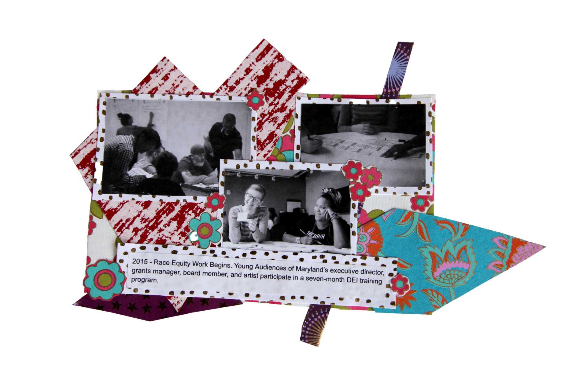 A trio of black and white photos of staff working together at round tables and writing on post-it notes is pasted onto geometrically cut floral and patterned papers.