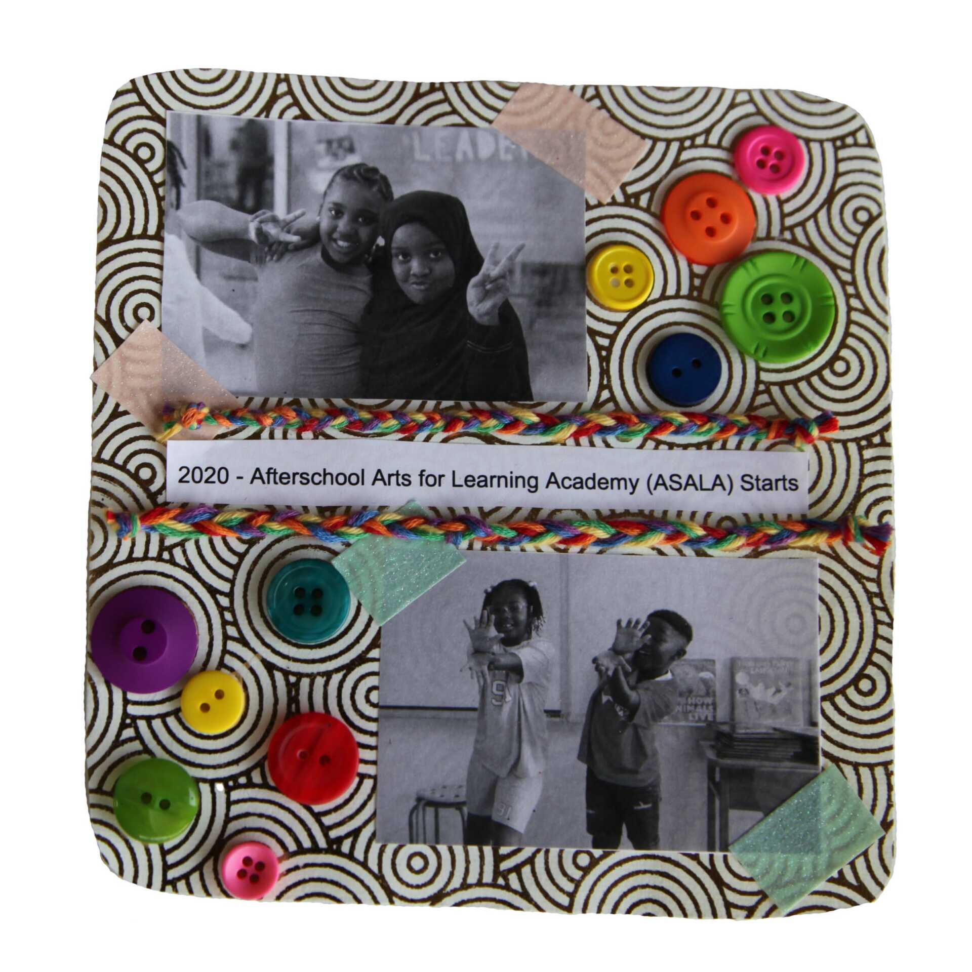 Bright buttons of varying sizes frame portraits of young students. Two look into the camera and flash peace signs. Another two are pictured mid-performance in an acting class, their hands outstretched as if blasting invisible powers.