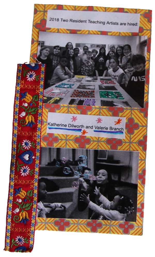 Two black and white images are stacked one on top of the other in this collage. The top shows students and Katherine Dilworth standing around quilt blocks arranged on a table. The bottom image shows Valerie branch blowing bubbles with a large wand as young children reach out for them. The photos are layered on golden yellow paper with a red and gold folk-inspired ribbon lining one side.