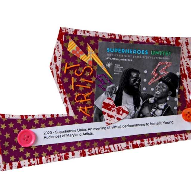Royal purple paper patterned with golden stars plus red and pink patterned brush strokes form the backdrop for a black and white image of Jamaal "Mr. Root" Collier and Femi the Drifish. The word "artists" is stitched in bright orange along the side of the photo. The collage is decorated with lightning bolts, buttons, and a paper heart.