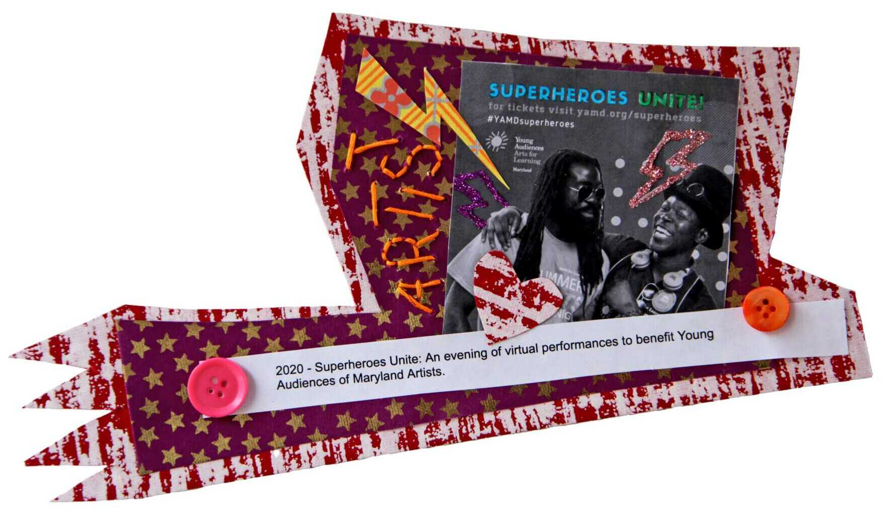 Royal purple paper patterned with golden stars plus red and pink patterned brush strokes form the backdrop for a black and white image of Jamaal "Mr. Root" Collier and Femi the Drifish. The word "artists" is stitched in bright orange along the side of the photo. The collage is decorated with lightning bolts, buttons, and a paper heart.