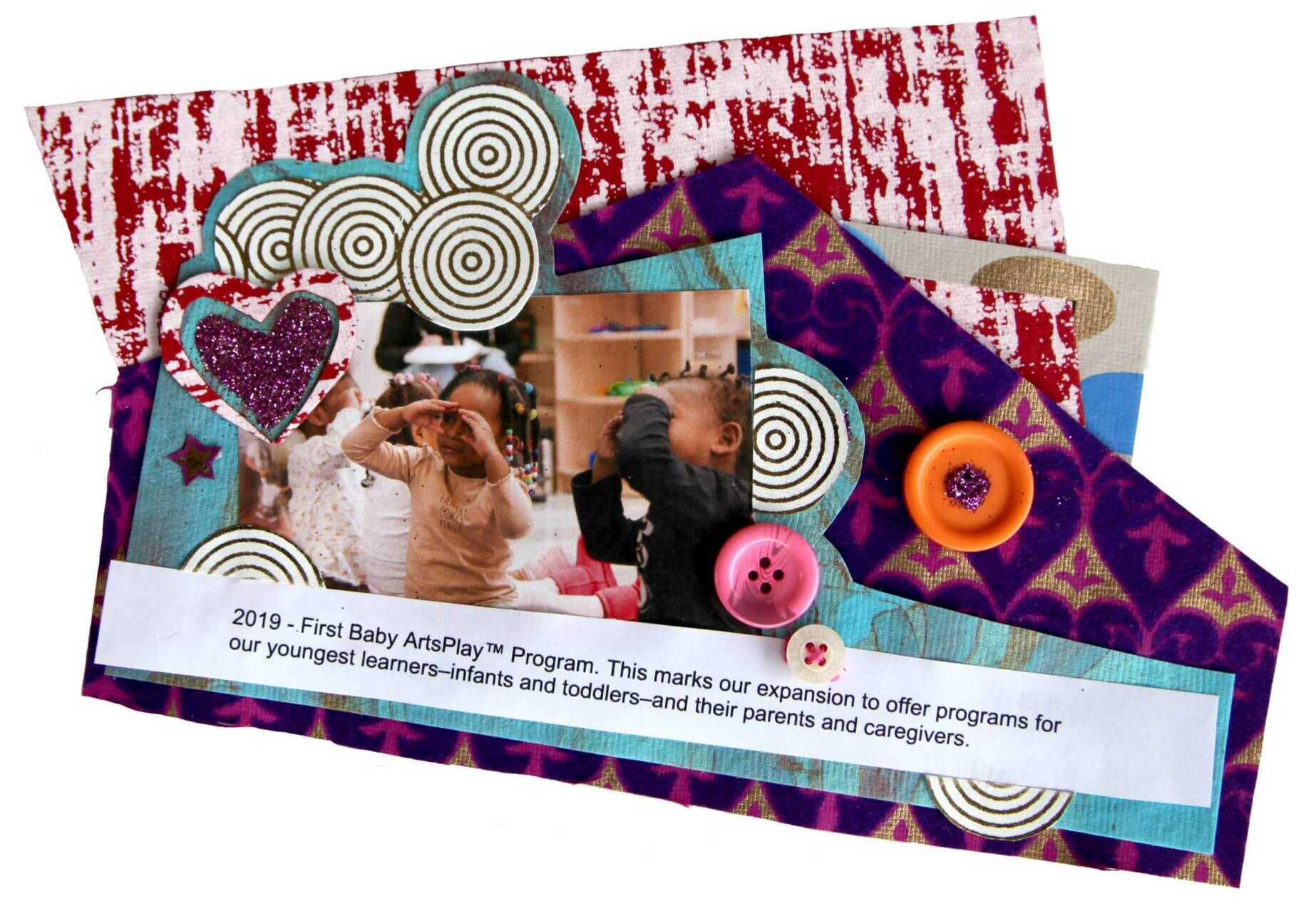 Two young children peering through imaginary binoculars are surrounded by glittery buttons and swirls.