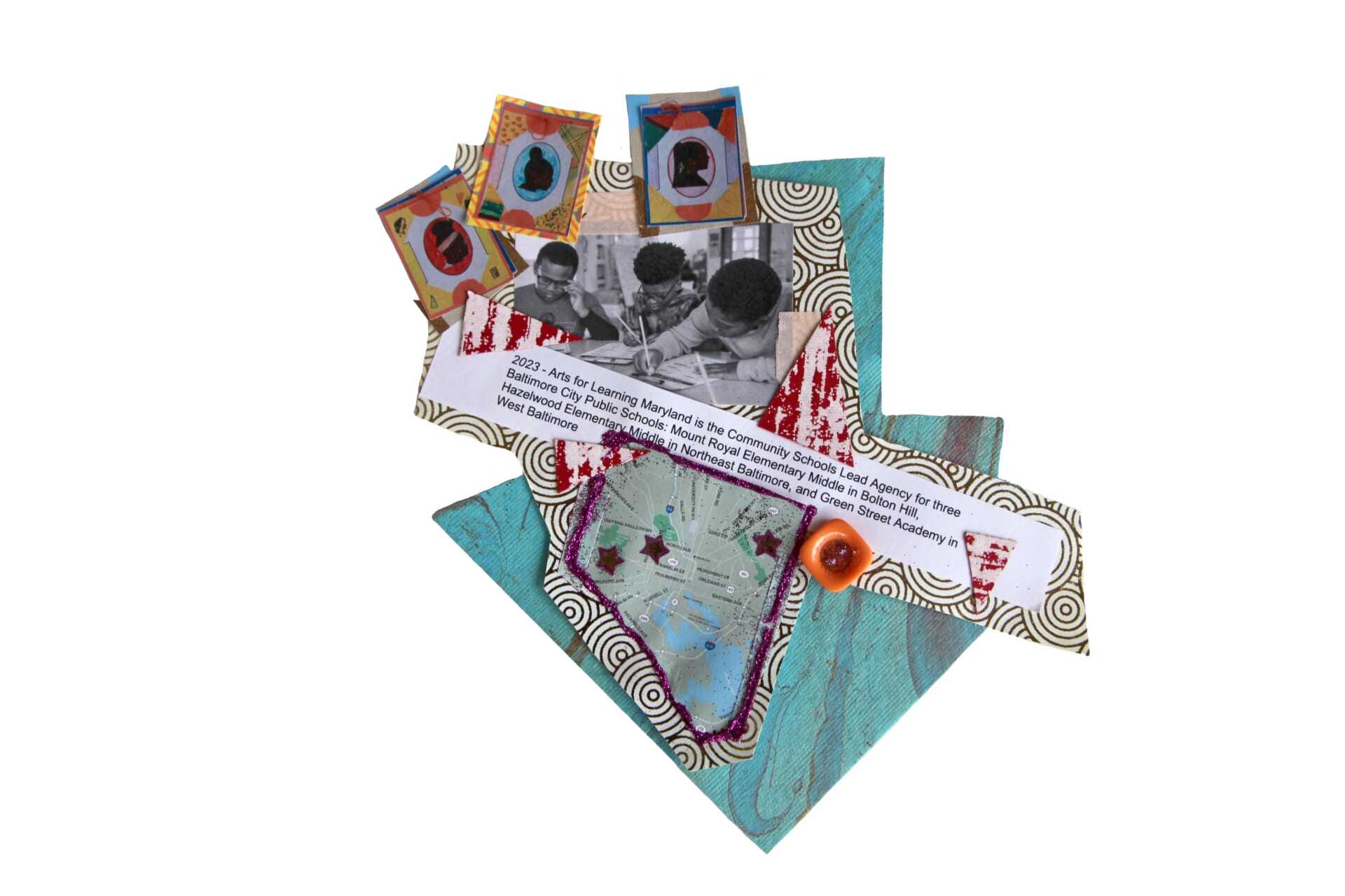 A map of Baltimore City is lined in purple glitter, stars pinpointing the locations of Arts for Learning's community schools partners. Framed silhouettes of children rise above a black and white photograph of children around a classroom table writing on worksheets. A block of text framed by an orange button and red and pink triangles reads, "August 2023 - Arts for Learning Maryland will be the Community Schools Lead Agency for three Baltimore City Public Schools: Mount Royal Elementary Middle in Bolton Hill, Hazelwood Elementary Middle in Northeast Baltimore, and Green Street Academy in West Baltimore."