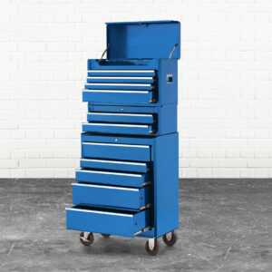 blue tool cabinet and chest with drawers slightly open