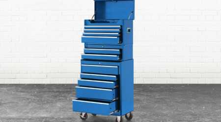 blue tool cabinet and chest with drawers slightly open