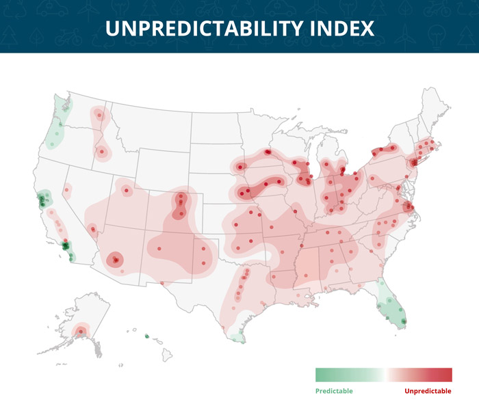 Unpredictability Index: Heat map showing the range of unpredictability of weather in the U.S.