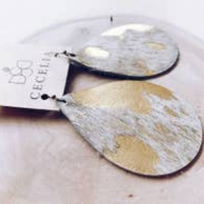 Large Leather Teardrop Gold Cow Hide Earrings