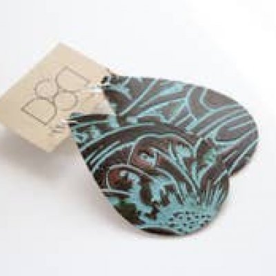 Large Leather Teardrop Floral Turquoise Earrings
