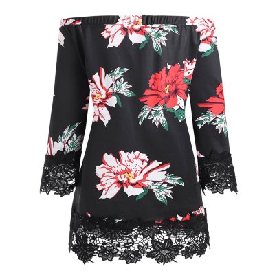 Plus Size Off The Shoulder Floral Print Lace Trim Blouse Sz. (2X)