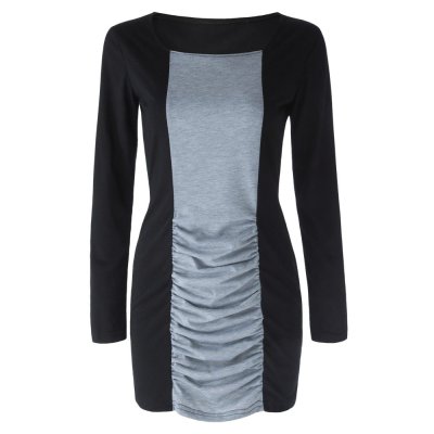 Casual Square Neck Long Sleeves Color Splicing Pleated Dress For Women Sz (M)