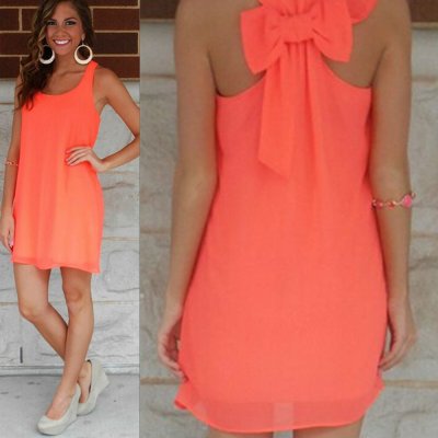 Bowknot Chiffonj Shift Tank Dress Orange Sz. (L)