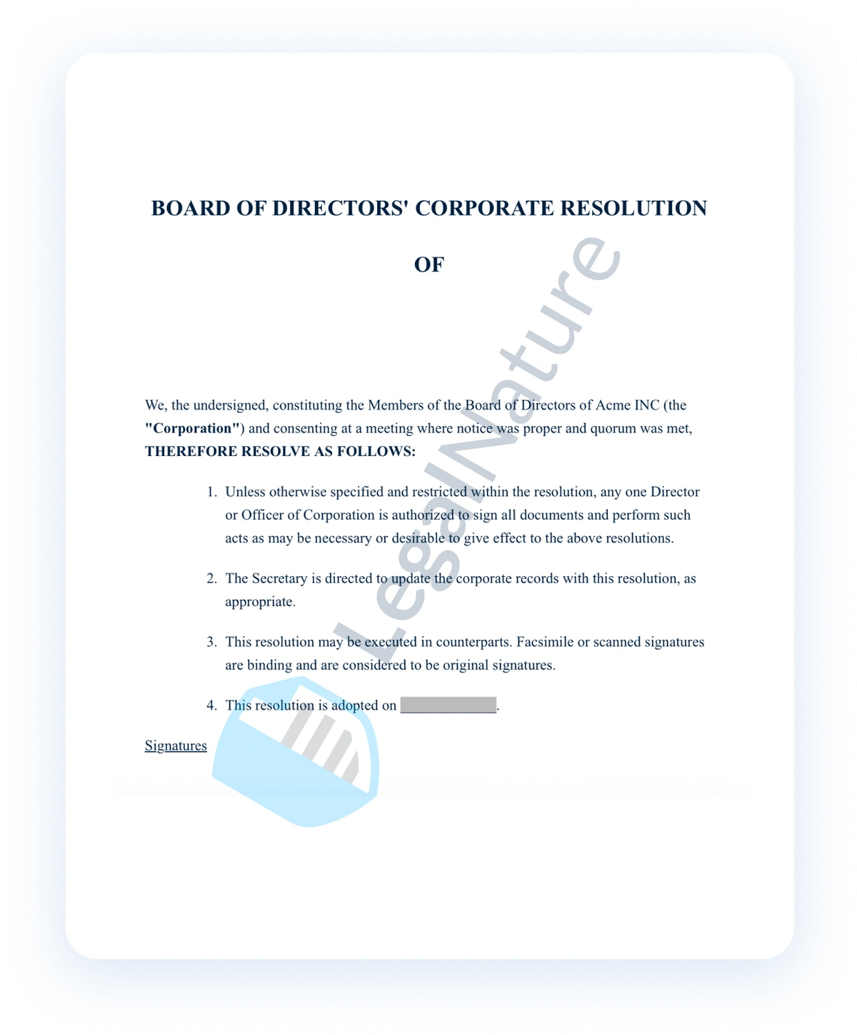Corporate Resolution document preview
