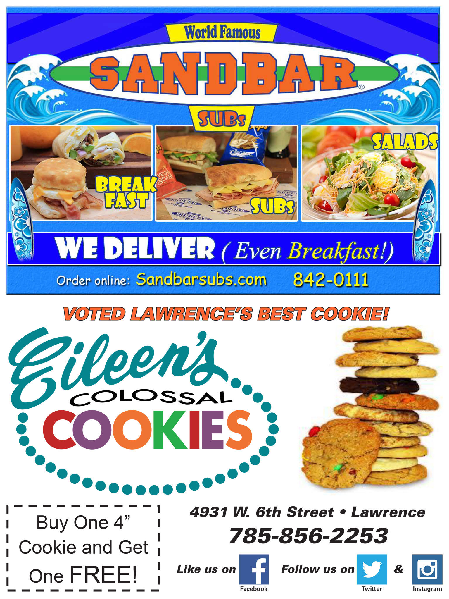 Eileens / Sandbar Subs Catering Ad