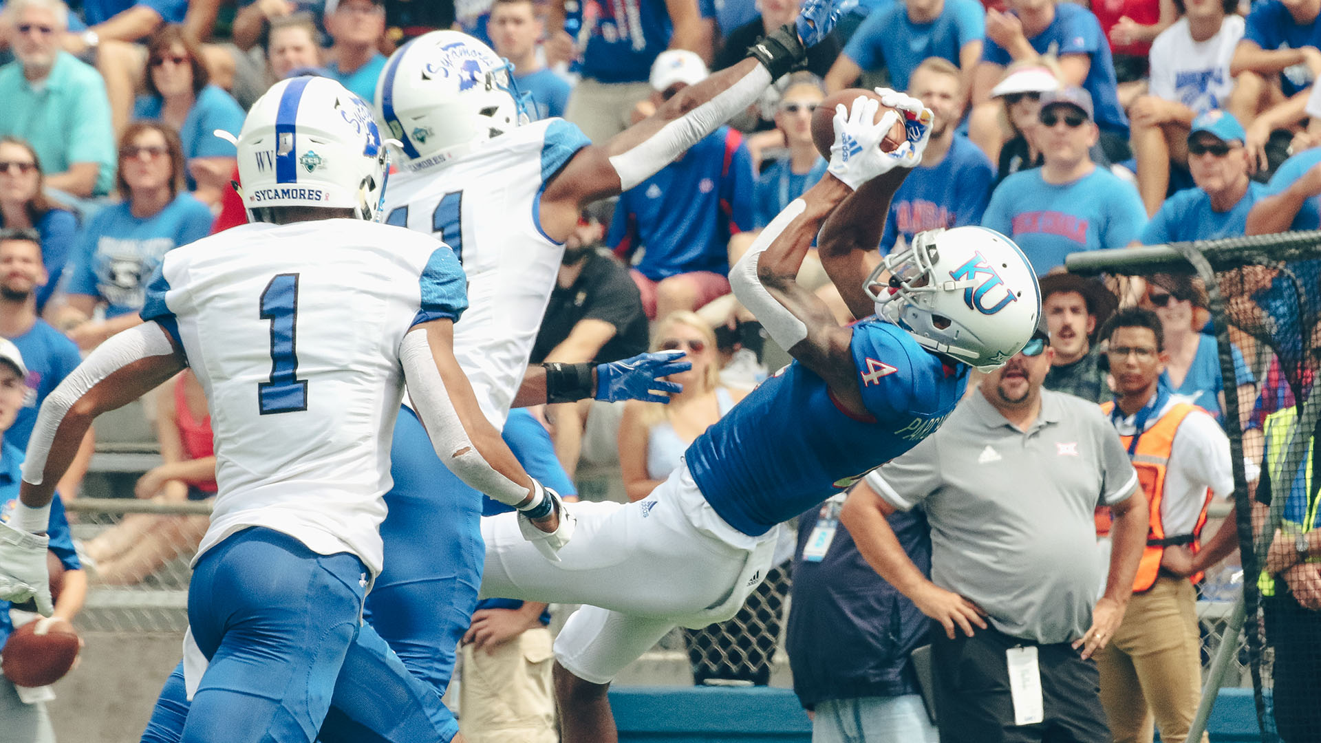 Andrew Parchment hauls in a catch against Indiana State