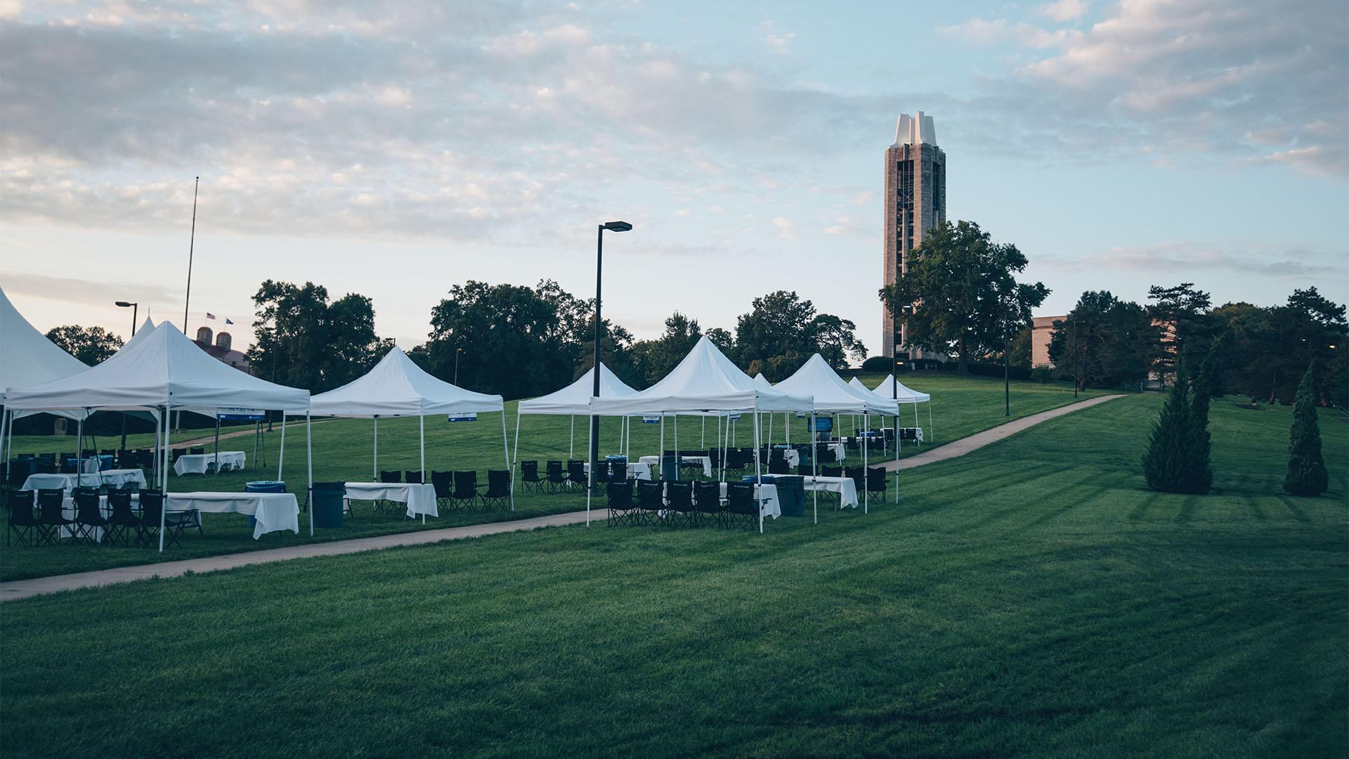 campanile hill full of tents indiana state