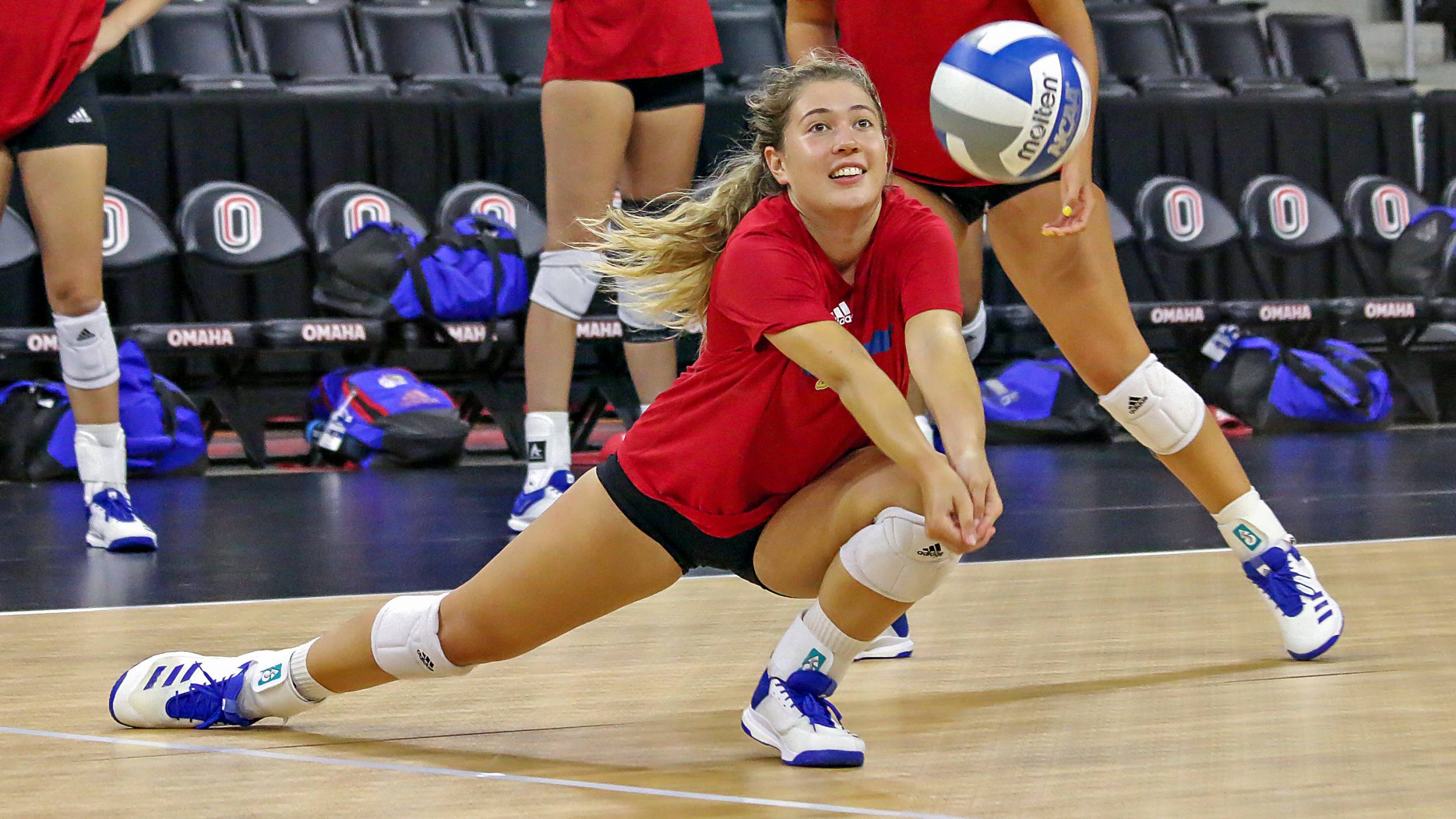 Sara Nielsen goes for a dig during practice at Baxter Arena Sept. 3, 2019.
