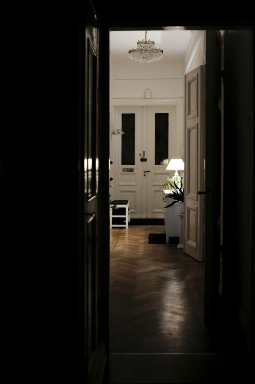 Dark hardwood floors paired with white cabinets in a kitchen.