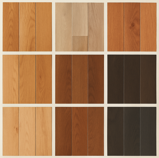 A variety of hardwood floor color samples.