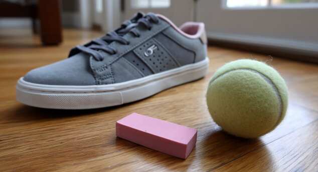 Tennis shoe, eraser, and tennis ball on hardwood flooring to remove scuff marks