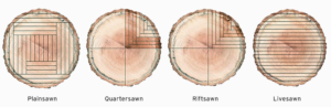 logs of wood with cutaway, showing different cuts of wood flooring.