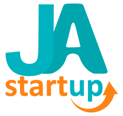 Logo JA Startup com cores azul e laranja