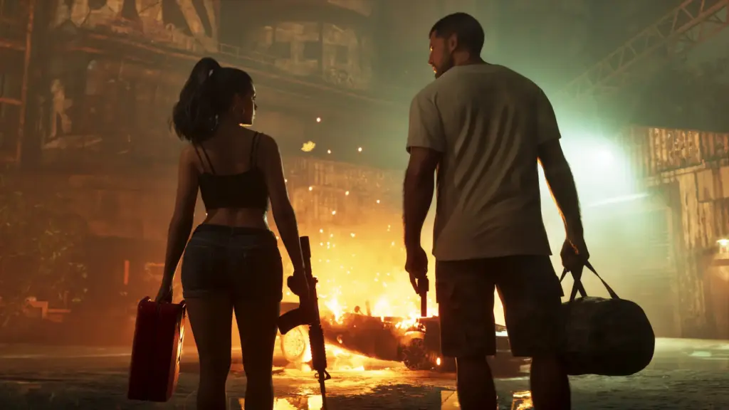 GTA 6 Jason and Lucia in front of Burning building or car