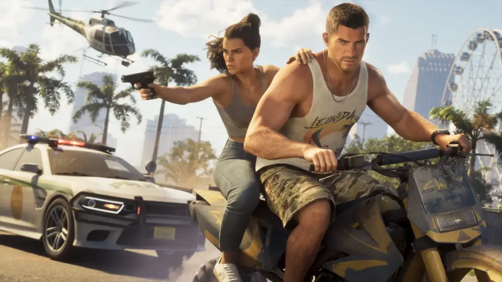 GTA 6 Lucia and Jason on a bike chased by police