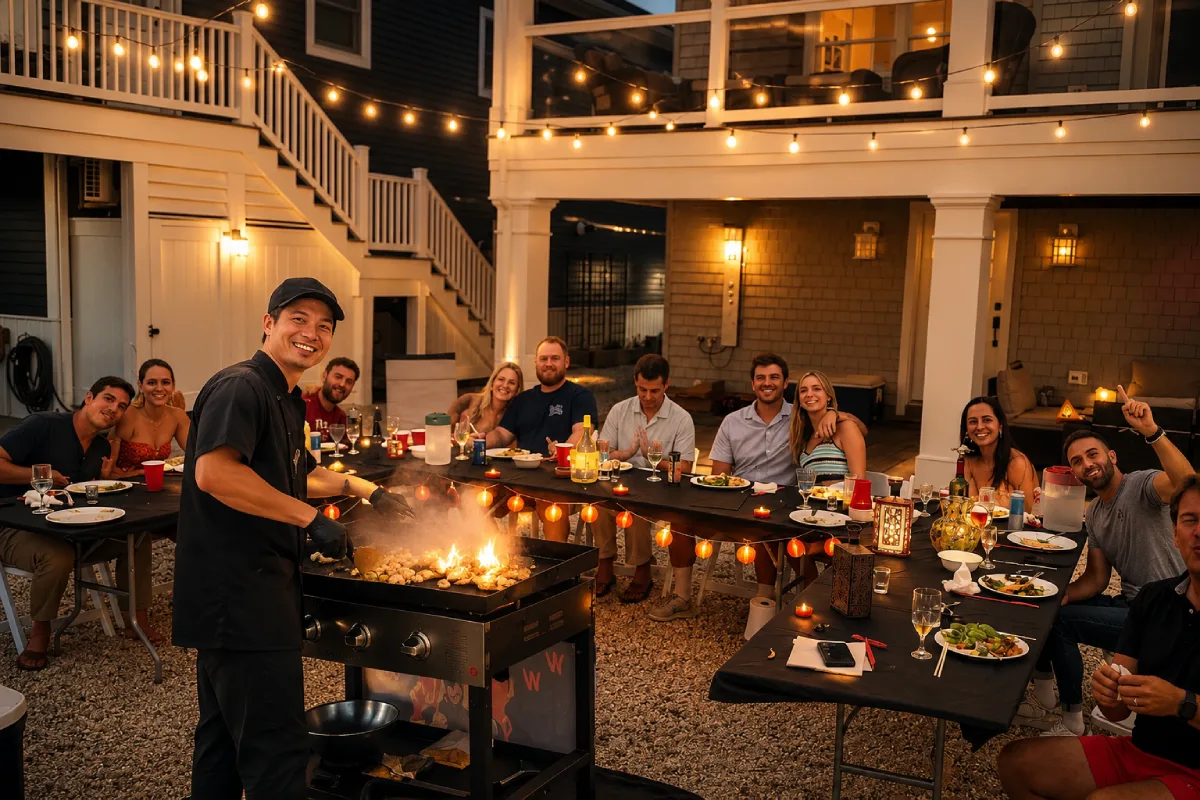 Private hibachi chef cooking for guests during a backyard dinner in Texas