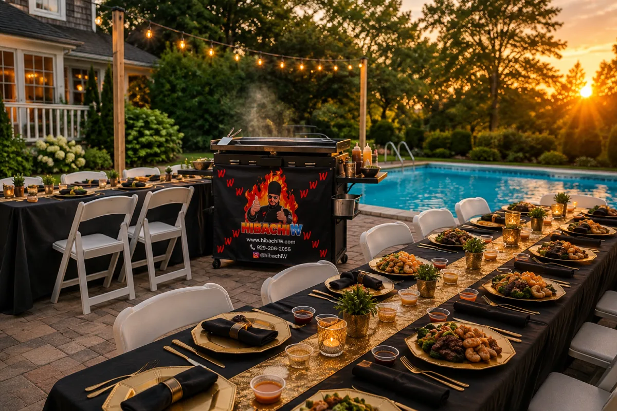 Poolside hibachi at home dining setup for a private gathering in Texas