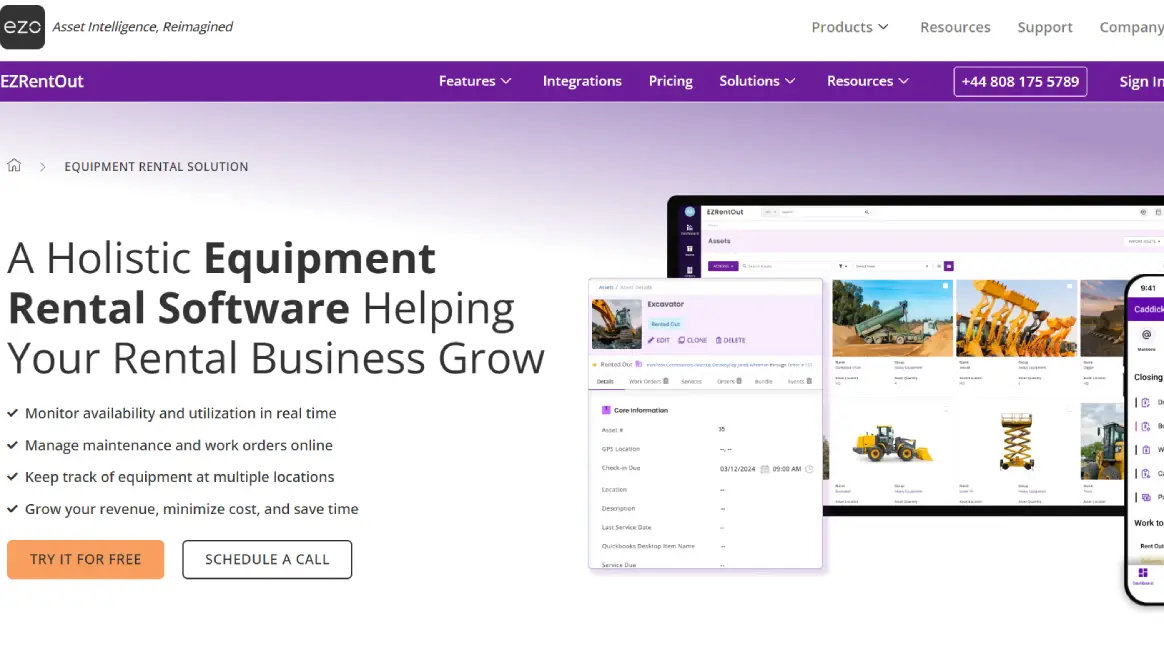 EZRentOut homepage promoting equipment and bike rental software solution